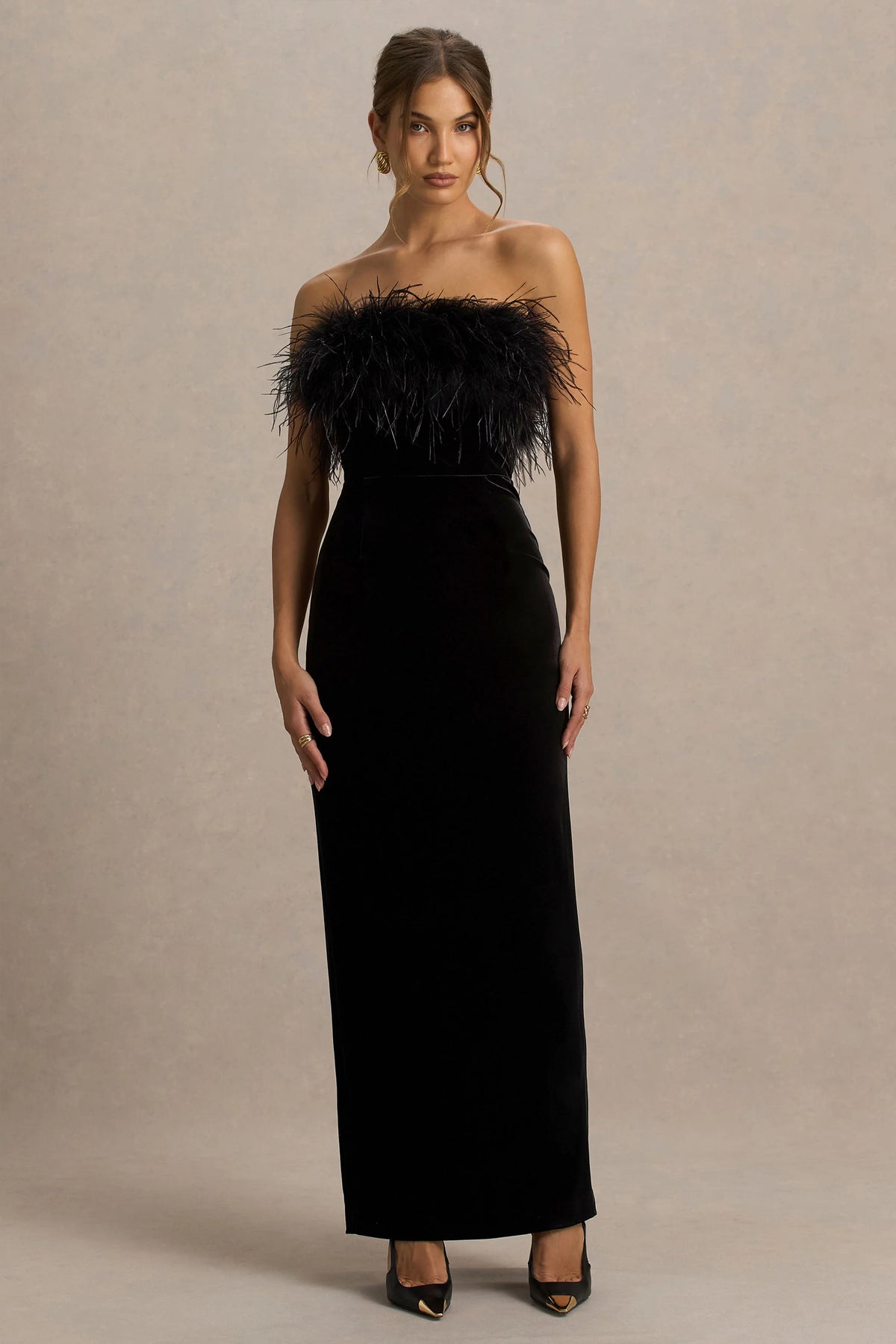 Arella | Black Velvet Bandeau Maxi Dress With Feather Trim
