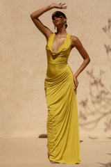 Mademoiselle | Yellow Cowl-Neck Maxi Dress With Draped Detailing