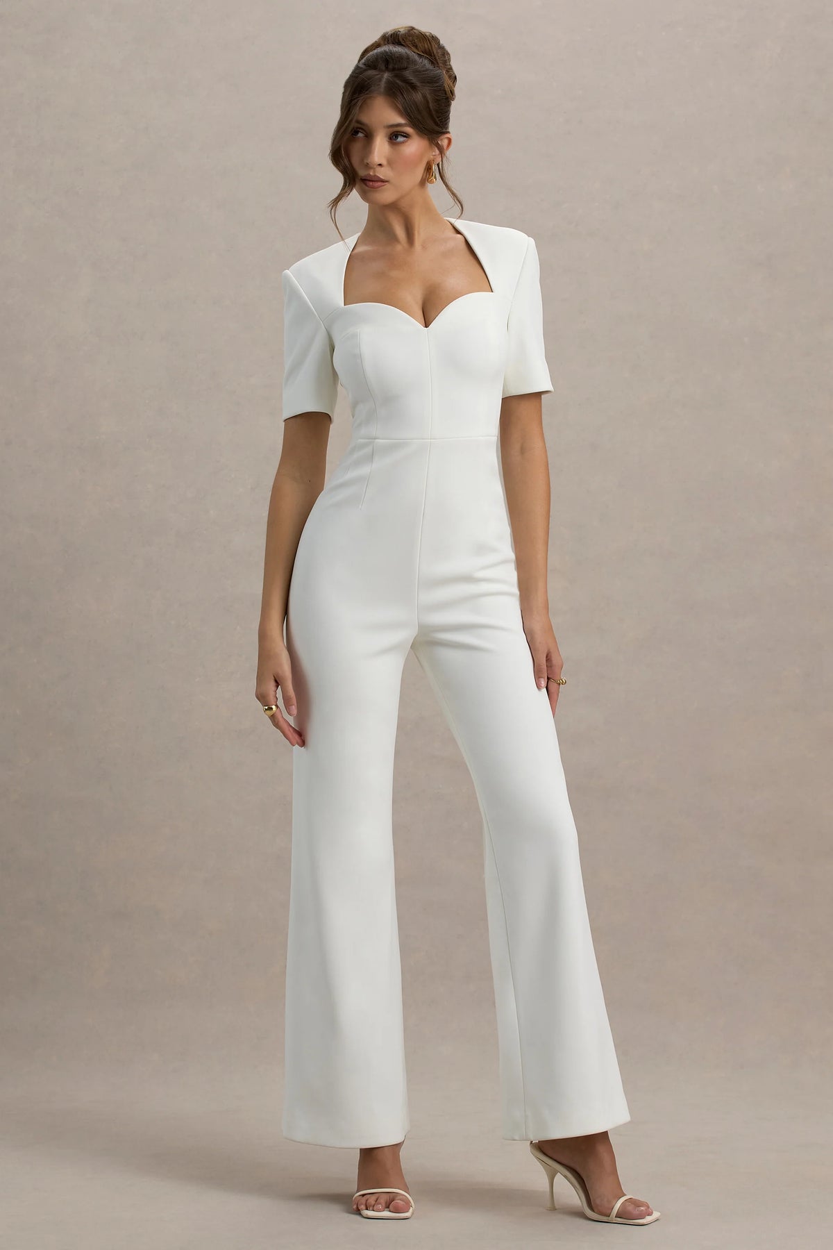 Simone | White Sweetheart Short-Sleeve Wide-Leg Jumpsuit