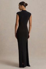 Solene | Black High-Neck Maxi Dress With Wrap And Drape Detail