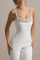 Amadi | White Embellished Strappy Flared-Leg Jumpsuit