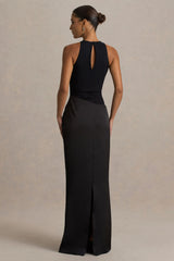 Akari | Black High-Neck Maxi Dress With Satin Skirt