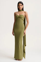 Sheila | Olive Bandeau Maxi Dress With Scarf Detail