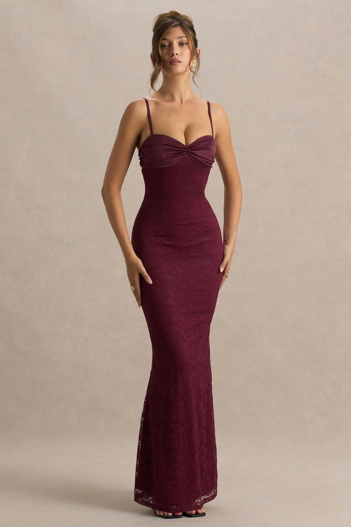 Juana | Burgundy Sweetheart-Neck Satin And Lace Maxi Dress