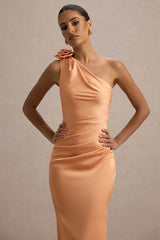 Janette | Peach Satin One-Shoulder Split Maxi Dress With Corsage