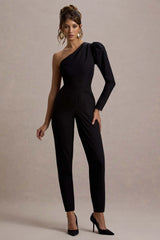 San Jose | Black One-Shoulder Puff-Sleeve Jumpsuit
