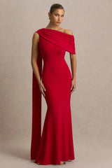 Zendaya | Red Asymmetric-Neck Fishtail Maxi Dress With Cape Detail