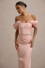 Annita | Light Pink Satin Bardot Maxi Dress