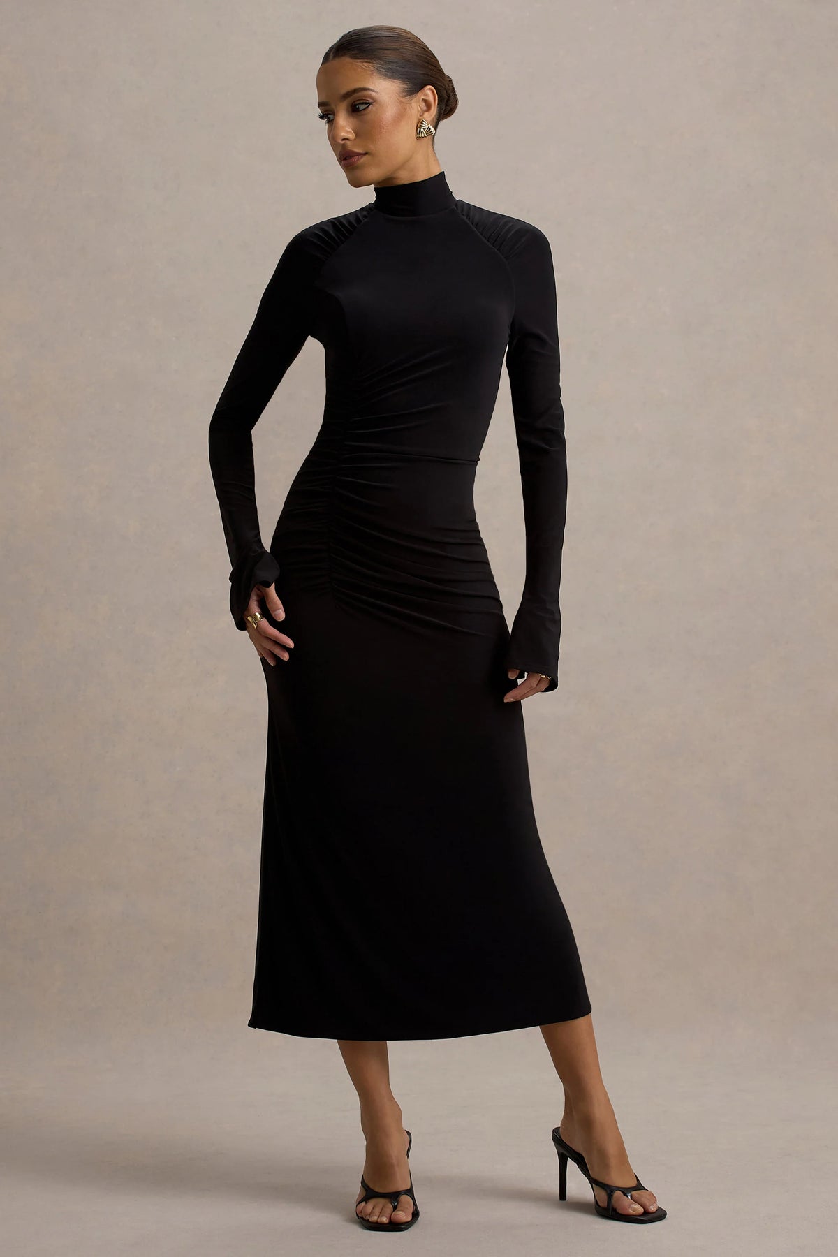Cassandra | Black High-Neck Long-Sleeve Midi Dress