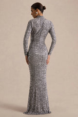 Galaxy | Silver Sequin Turtle-Neck Long-Sleeve Maxi Dress