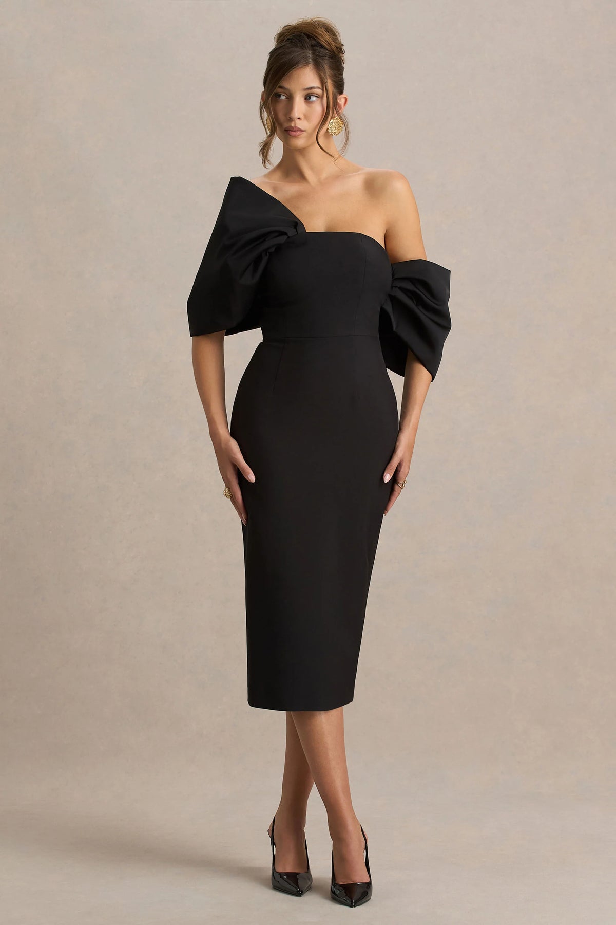 Lucille | Black Asymmetric Bardot Midi Dress