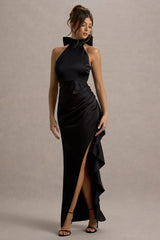 Maureen | Black Satin High-Neck Draped Maxi Dress
