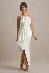 Dreamy Whispers | Cream Strapless Ruffle Split Maxi Dress