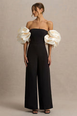 Panama | Black Bardot Jumpsuit With Cream Puff Sleeves