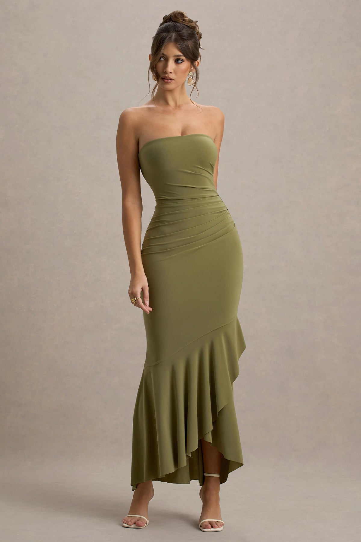 Capria | Olive Green Bandeau Wrap Maxi Dress