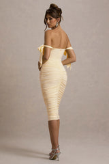 Citrus | Pale Lemon Bardot Bodycon Midi Dress With Bow Sleeves