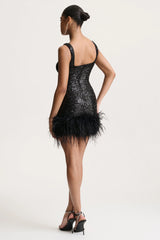 Rosalinda | Black Sequin Square-Neck Mini Dress With Feather Trim