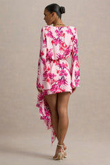 Goldie | Pink Floral Print Chiffon Long-Sleeve Wrap Mini Dress