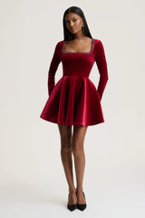 Beloved | Red Velvet Hand-Embellished Square-Neck Mini Dress