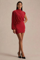 Zelda | Red High-Neck Mini Dress With One-Long Sleeve And Twisted Detail