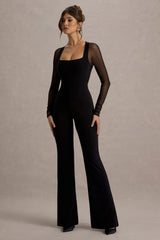 On Track | Black Flared-Leg Jumpsuit With Sheer Sleeves