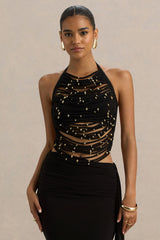 Twinkler | Black High-Neck Embellished Top With Cut-Outs