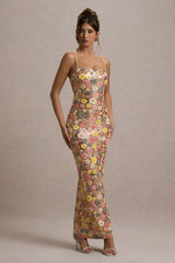 Vitora | Pastel Floral Print Sequin Square-Neck Maxi Dress