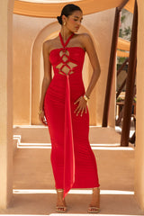 Erin | Red Halter-Neck Maxi Dress With Cut-Out Detail