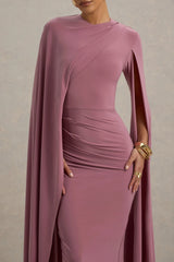 Marysol | Dusky Rose Asymmetric Cape Midi Dress