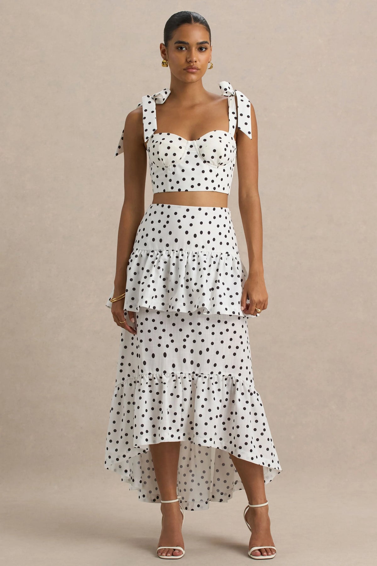 Emry | White Polka Dot High-Waist Maxi Skirt With Ruffle Detail