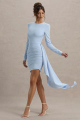 Zaya | Powder Blue Long Sleeve Mini Dress With Drape