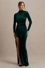 Wishes | Bottle Green Velvet High-Neck Maxi Dress With Wrap Skirt