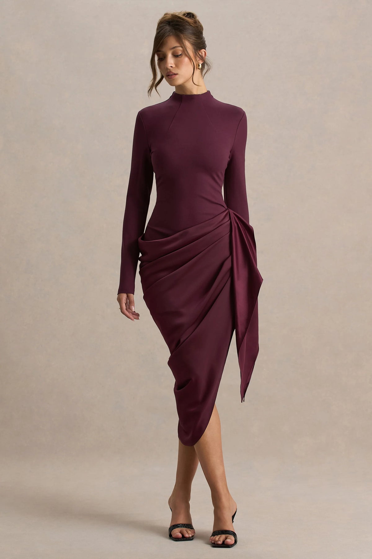 Raffie | Plum Long-Sleeve Midi Dress With Satin Wrap Skirt