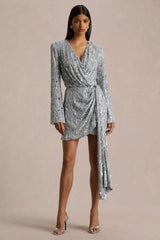 Carmina | Silver Sequin Plunge-Neck Wrap Mini Dress With Sash Detail