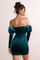 Ivy | Teal Velvet Cut Out Mini Dress With Ruffle Sleeves