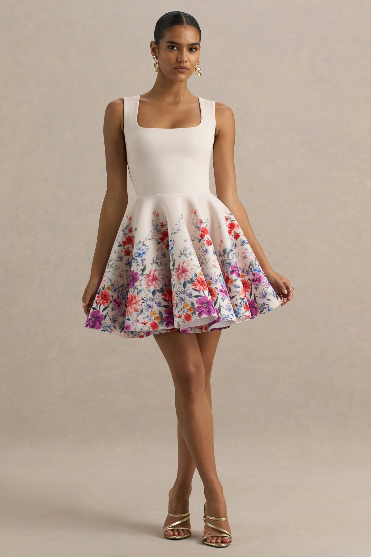 Gemstone | Light Pink Floral Print Square-Neck Skater Mini Dress