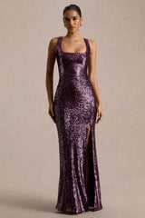 High Life | Plum Sequin Square-Neck Maxi Dress With Front-High Split