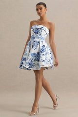 Fiorenza | Blue Porcelain Print Bandeau Mini Dress With Volume Skirt