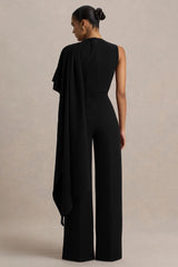 Sorenia | Black High-Neck Jumpsuit With One-Cape Sleeve