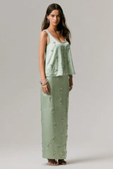 Lena | Mint Satin Embellished Maxi Skirt