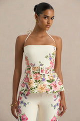 Maud | White Floral Border Print Square-Neck Tailored Top