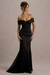 Anders | Black Satin Bardot Maxi Dress With Sheer Skirt