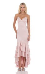Satin Ruffle Fishtail Maxi Dress in Pink