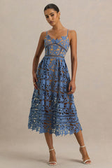 Zuri | Blue Lace Sweetheart Midi Dress With Cami Straps