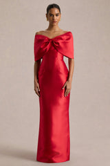 Wanting More | Red Satin Cape Maxi Dress With Oversized Bow