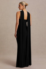 Lyra | Black Cross Halter-Neck Maxi Dress With Cape