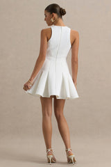 Leilani | White Racer-Neck Mini Dress With Ruffling Detail