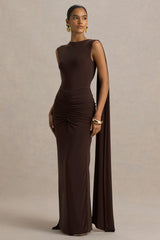 Premiere | Brown Boat-Neck Maxi Dress With Cape Sleeves And Open-Back