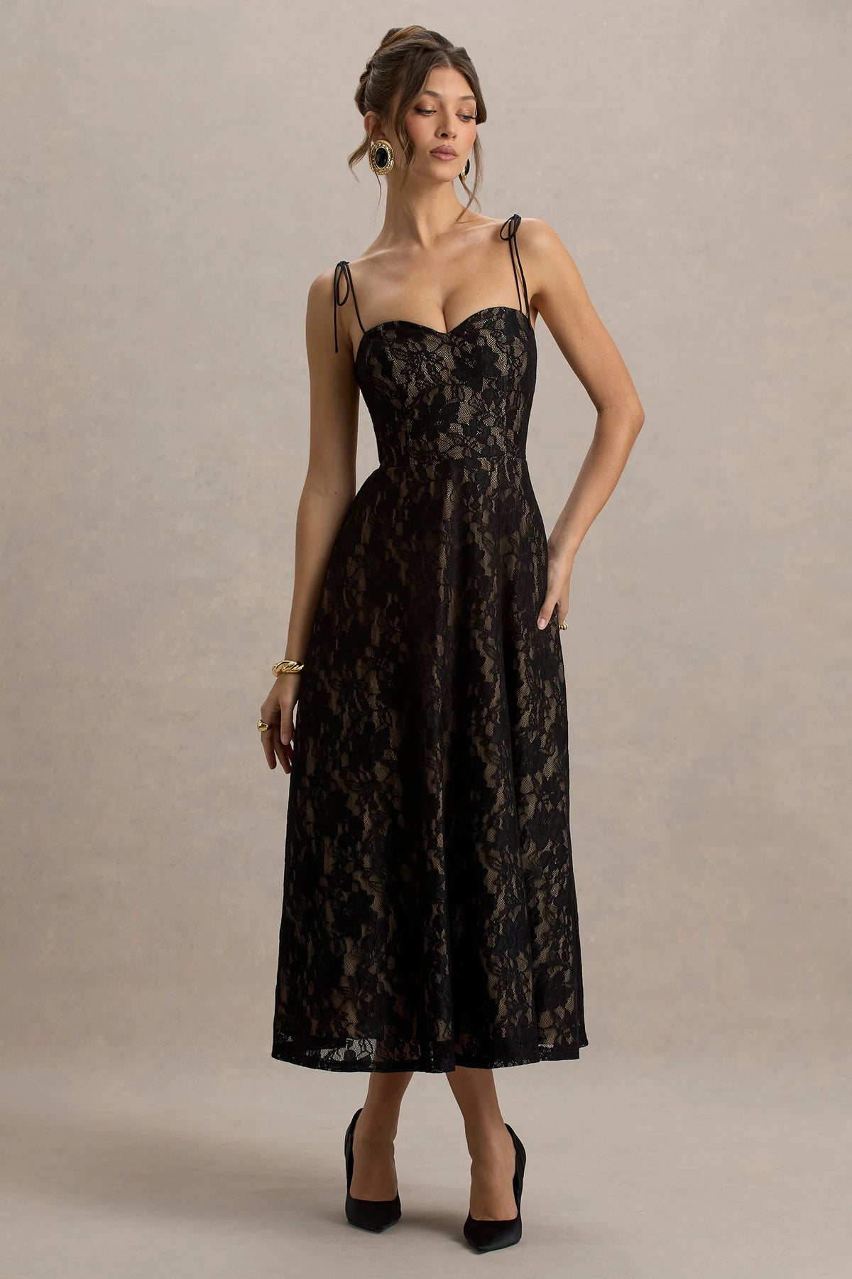 Sheridan | Black Lace Sweetheart Midi Dress With Backless Detail