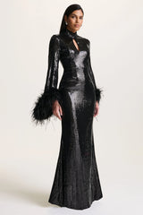 Cosmic Star | Black Sequin High-Neck Maxi Dress With Feather Cuffs
